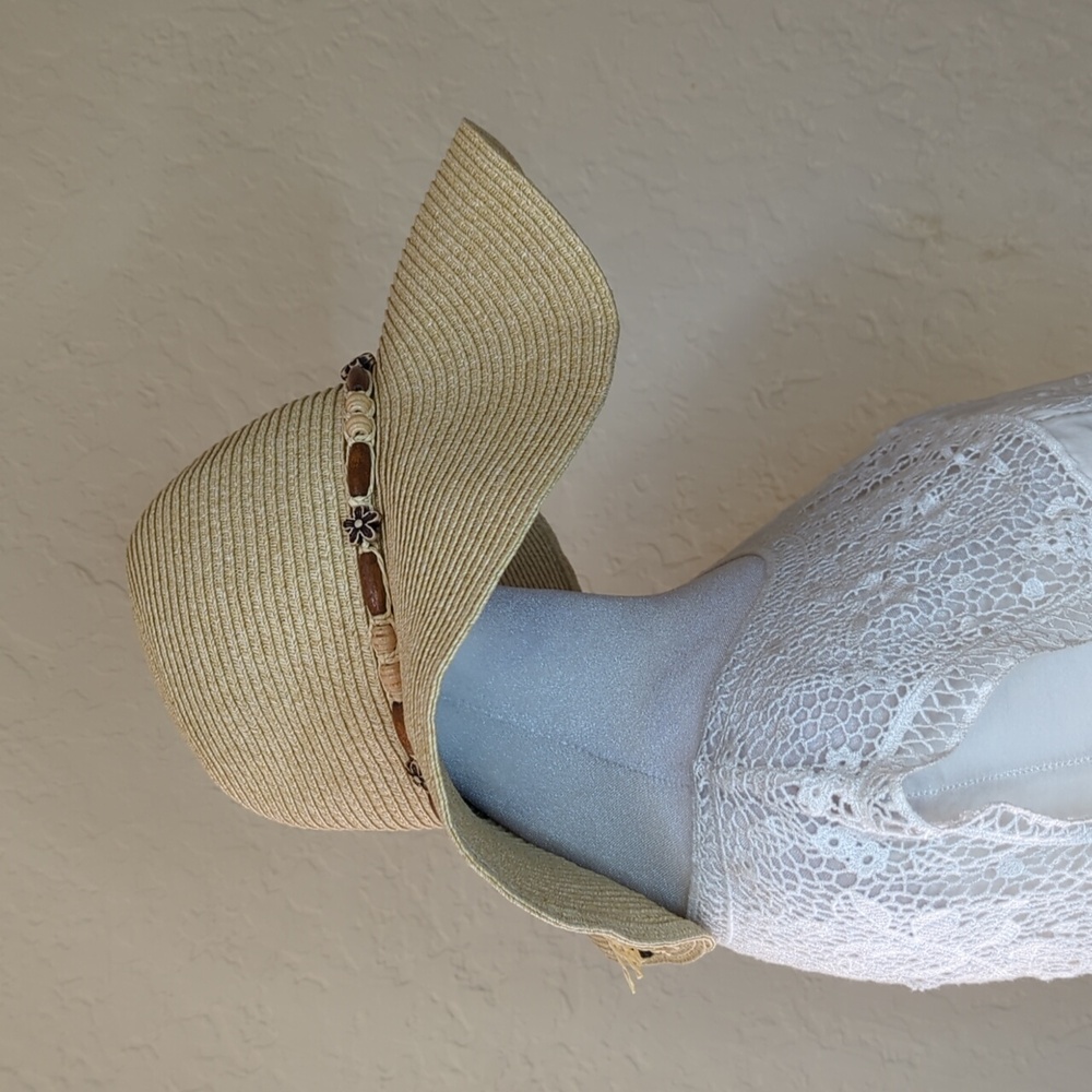 Solfish WET Beaded Floppy Woven Straw/Rattan Beach Hat One Size Fits Most - Picture 4 of 8